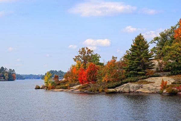 Shoreline in Muskoka with granite outcroppings and fall leaves