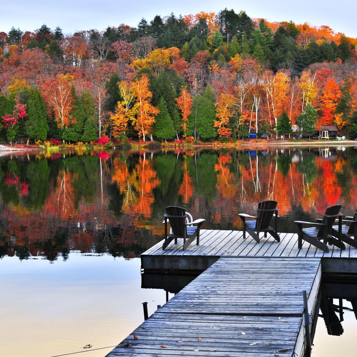 Lake Muskoka shoreline with vibrant fall foliage and calm wate